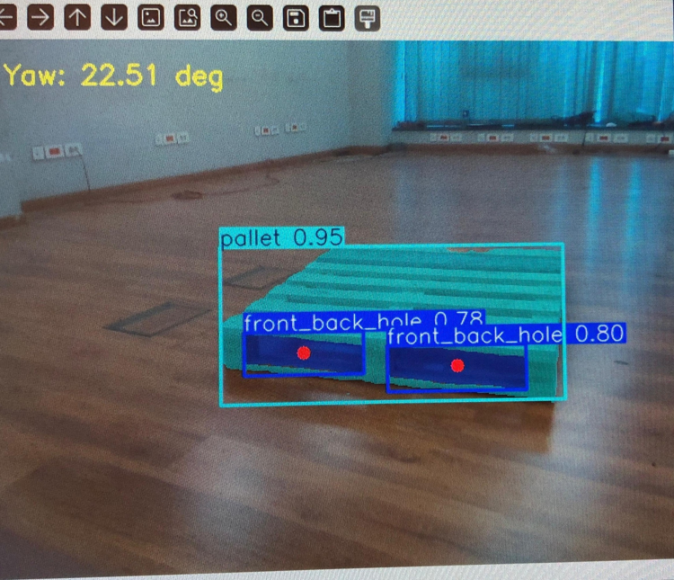 Palletto vision model detecting a pallet and its fork pockets with confidence scores and yaw angle